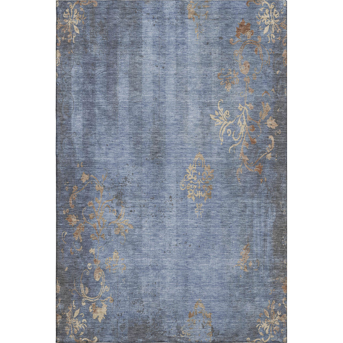 10' X 14' Floral Washable Area Rug With UV Protection (701419) - Denim Blue / Beige