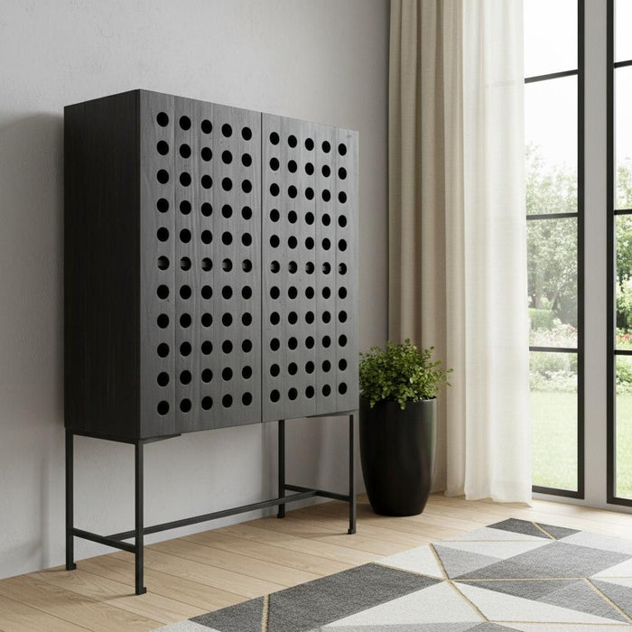 Solid Wood And Metal Holey Two Door Accent Chest - Dark Gray