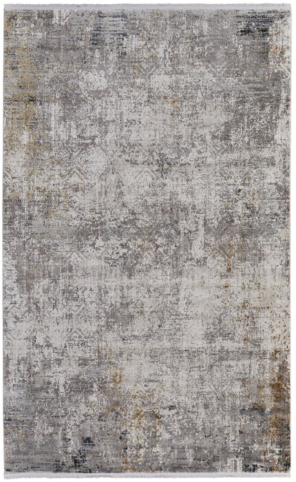 10' X 13' Abstract Power Loom Distressed Area Rug With Fringe - Ivory