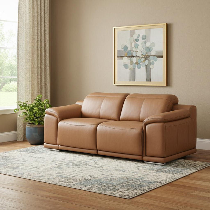 Italian Leather Power Reclining Loveseat - Chestnut / Silver