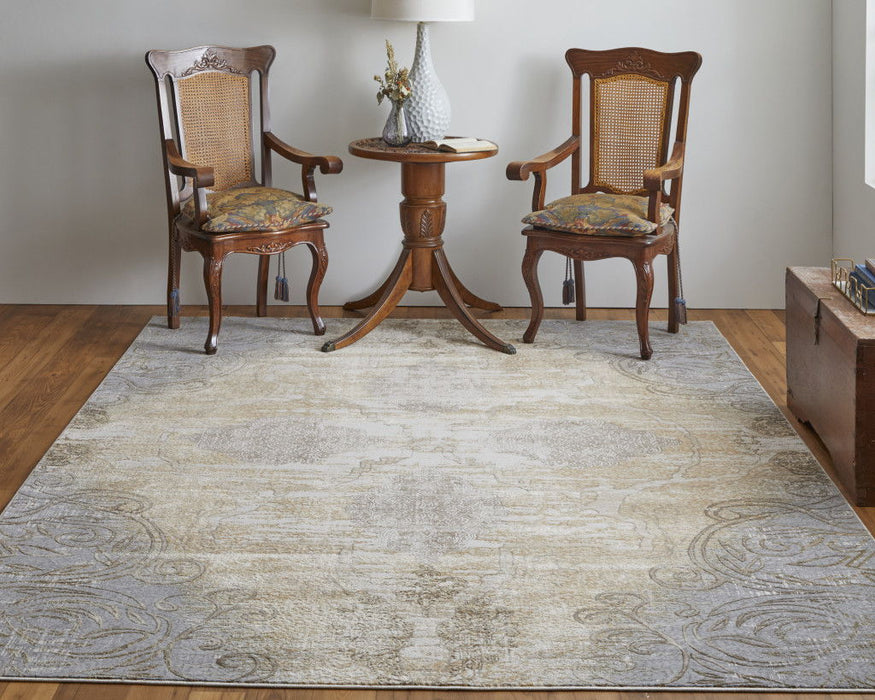 12' x 15' Floral Power Loom Area Rug - Silver Tan And Gray