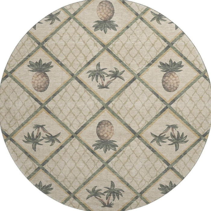 8' Boical Leaves Washable Round Rug With UV Protection - Beige