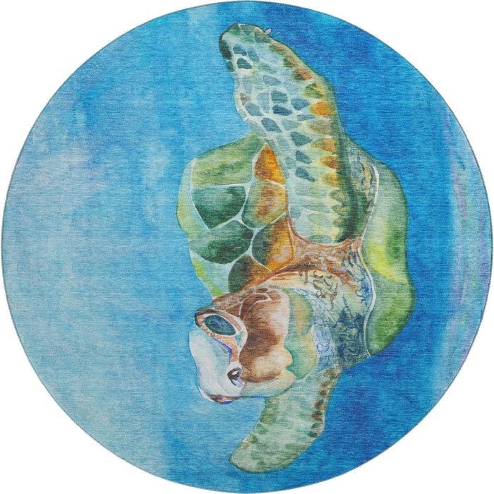8' Nautical Washable Round Rug With UV Protection - Pacific Blue