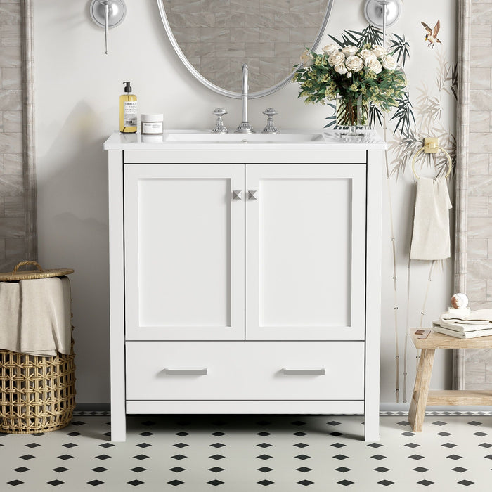 Giga bathroom vanity with single undermount sink, solid wood frame, two doors, a drawer, soft-close hinges, and multifunctional storage