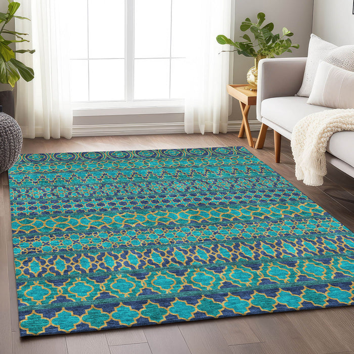 9' X 12' Ikat Washable Area Rug With UV Protection - Teal And Gold