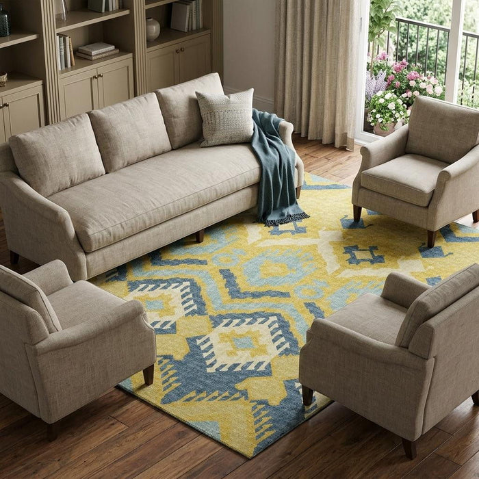 10' X 14' Tribal Washable Area Rug With UV Protection (644784) - Yellow / Ivory / Navy Blue