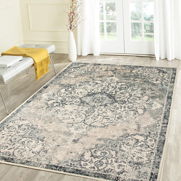 9.3' x 12' Medallion Power Loom Area Rug - Charcoal And Gray