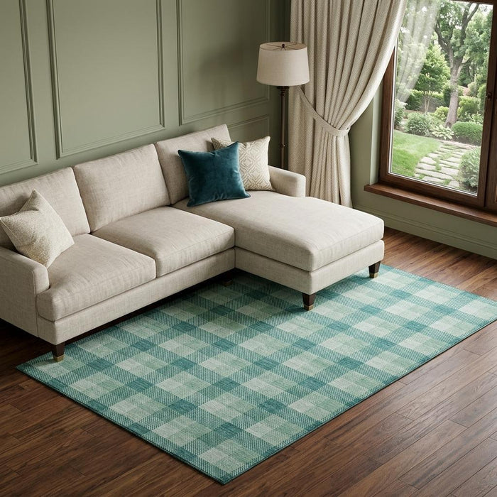 10' X 14' Plaid Washable Area Rug With UV Protection (682589) - Aqua / Ivory / Green