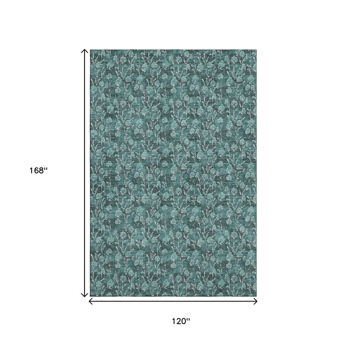 10' X 14' Floral Washable Area Rug With UV Protection (656472) - Teal / Ivory