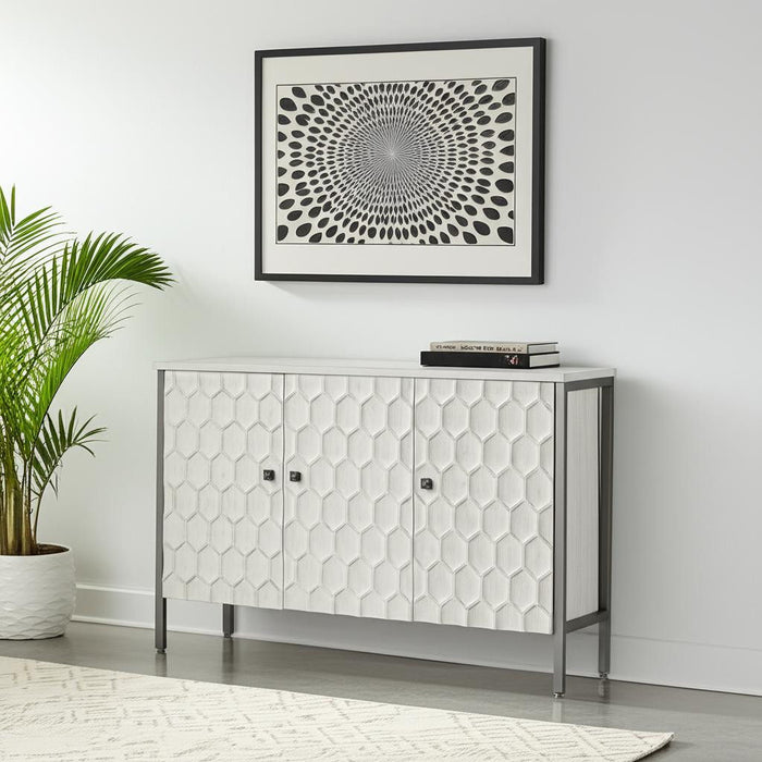 Gray and white 47-inch wood and metal carved geometric accent cabinet with three doors from HomeRoots.