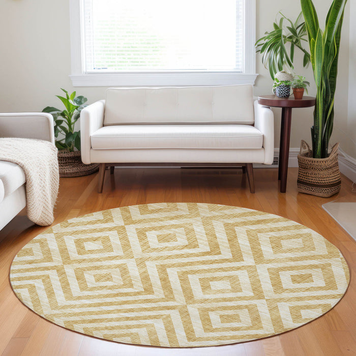 8' Geometric Washable Polyester Round Rug With UV Protection - Gold And Ivory