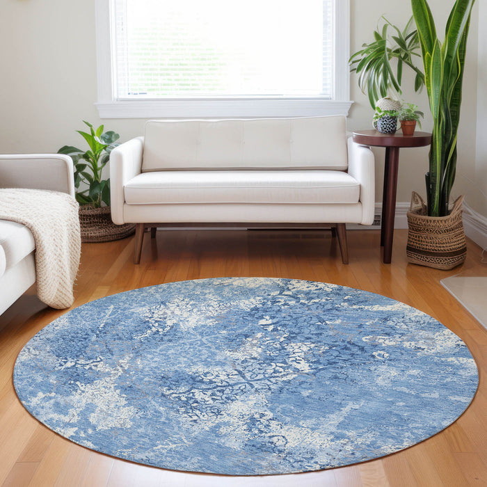 8' Abstract Washable Round Polyester Rug With UV Protection - Blue And Ivory