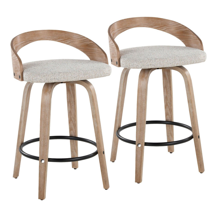 Grotto - 26" Fixed-Height Counter Stool With Swivel And Round Black Metal Footrest (Set of 2) - White Washed Wood And Oat Fabric