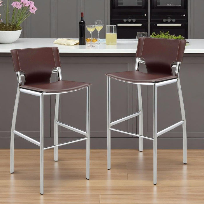 29" Contemporary Metal And Faux Leather Low Back Bar Height Bar Chairs (Set of 2) - Brown