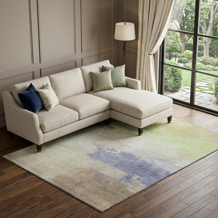 10' X 14' Abstract Washable Area Rug With UV Protection (694164) - Artichoke Green / Lavender / Ivory