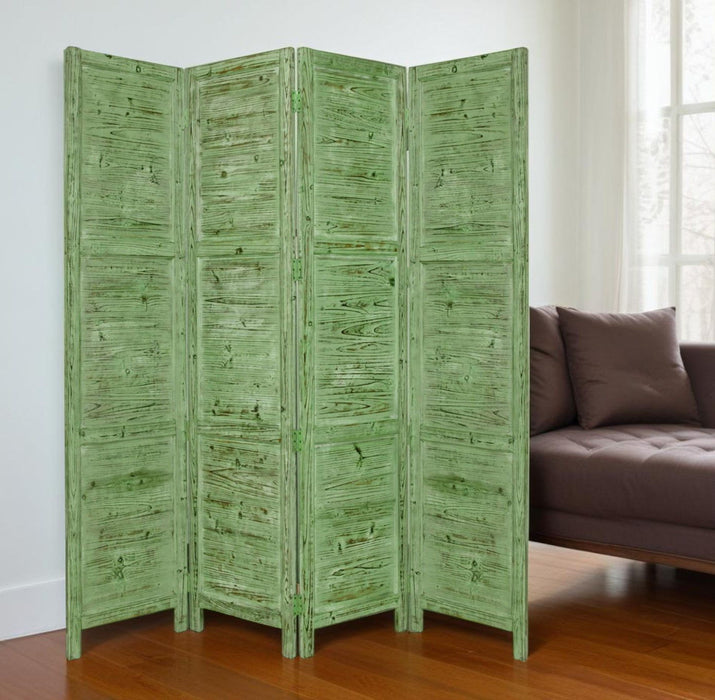 Rustic Wood Folding Four Panel Screen Room Divider - Green