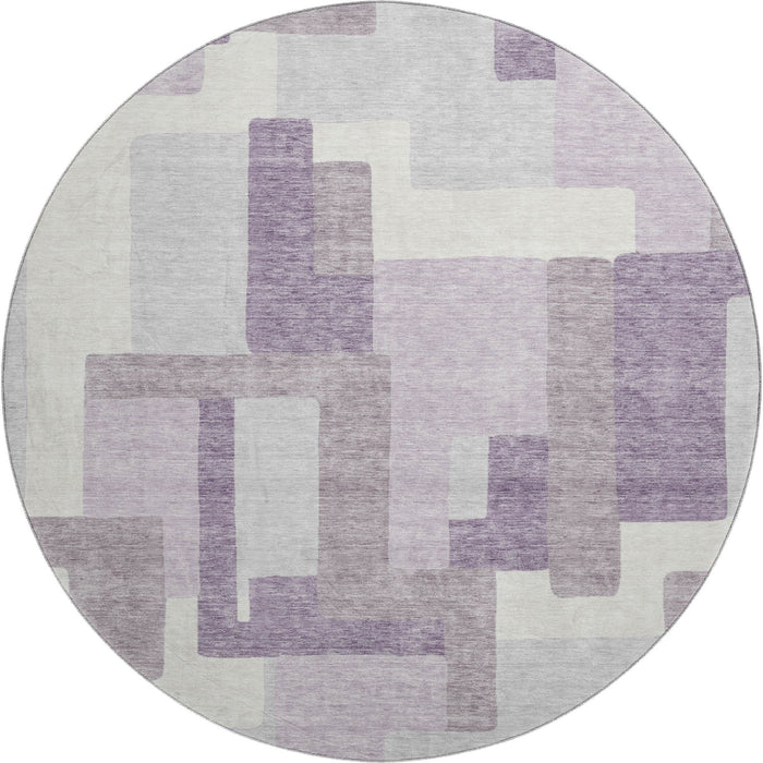 8' Abstract Geometric Washable Round Rug With UV Protection - Lavender / Ivory