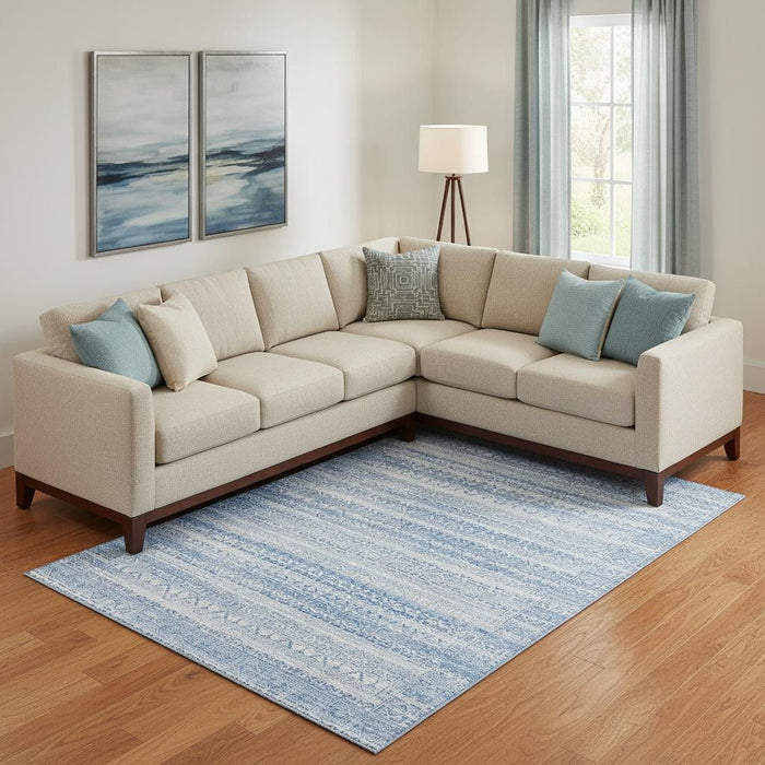10' X 14' Striped Washable Area Rug With UV Protection (717857) - Sky Blue / Ivory