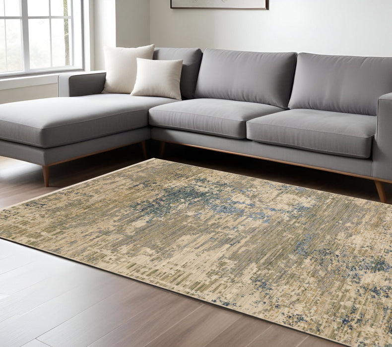 7' X 10' Abstract Area Rug With Fringe - Beige And Blue