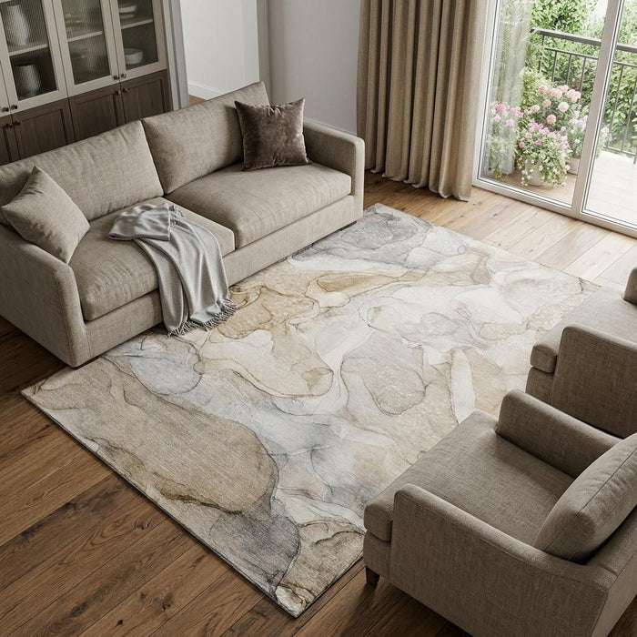 10' X 14' Abstract Washable Area Rug With UV Protection (647002) - Beige / Ivory