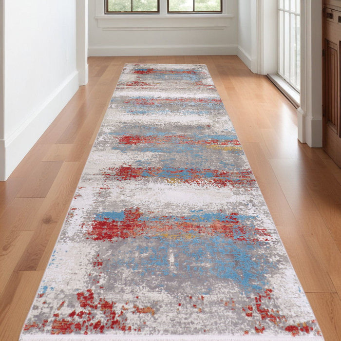 10' Industrial Abstract Power Loom Viscose Runner Rug With Fringe - Gray / Red