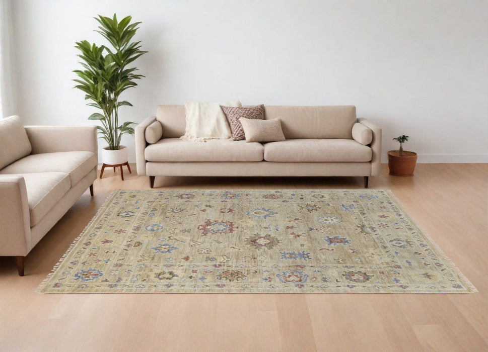 8' x 10' Wool Floral Hand Knotted Area Rug With Fringe - Tan Brown And Blue