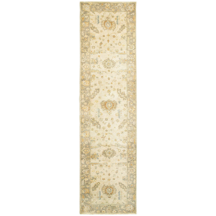 10' Wool Oriental Hand Knotted Runner Rug - Beige And Gray