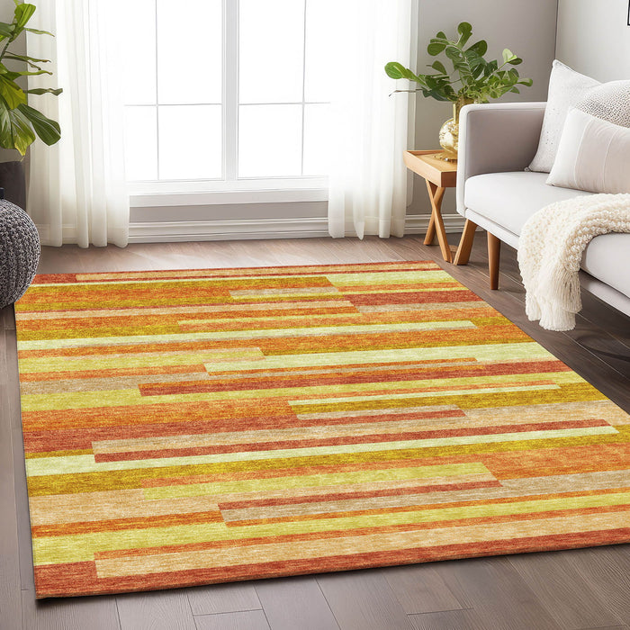 10' X 14' Striped Washable Area Rug With UV Protection - Orange And Gold