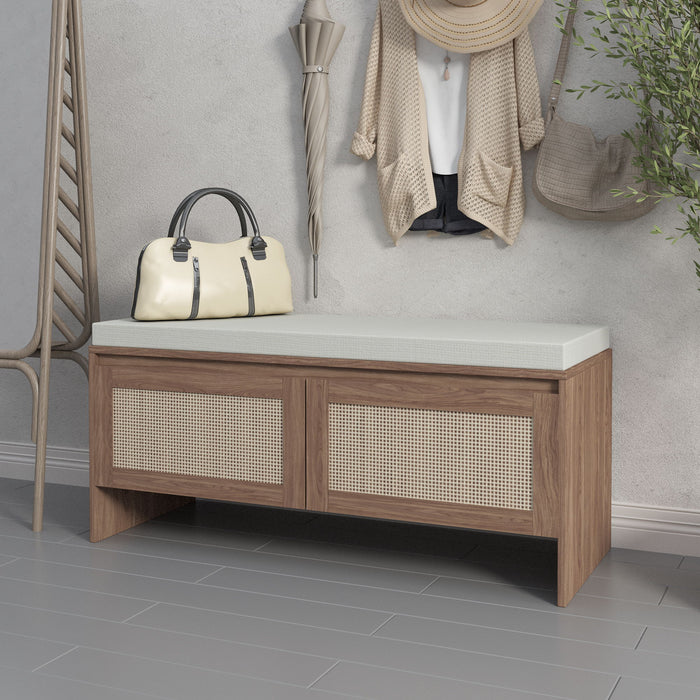 Giga storage bench with cushion and rattan shoe cabinet featuring two doors in antique natural finish, showcasing a stylish, functional design.