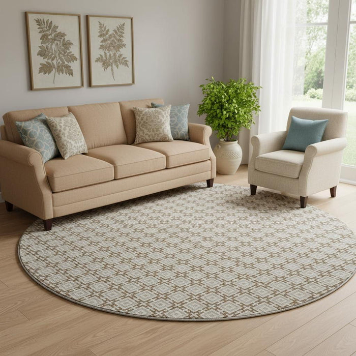 8' Geometric Washable Round Rug With UV Protection (645244) - Taupe / Beige