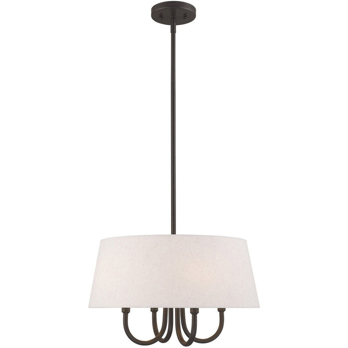 HomeRoots 20-inch bronze metal chandelier with four cream shades and dimmable lighting, ideal for elegant dining or living room decor.
