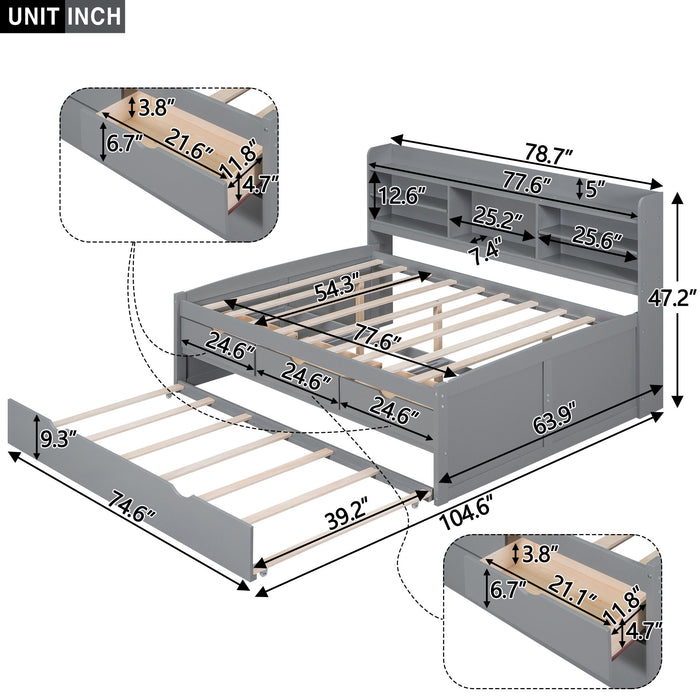 Giga Captain Bed with built-in bookshelves, three storage drawers, and a trundle for versatile sleeping and storage options.