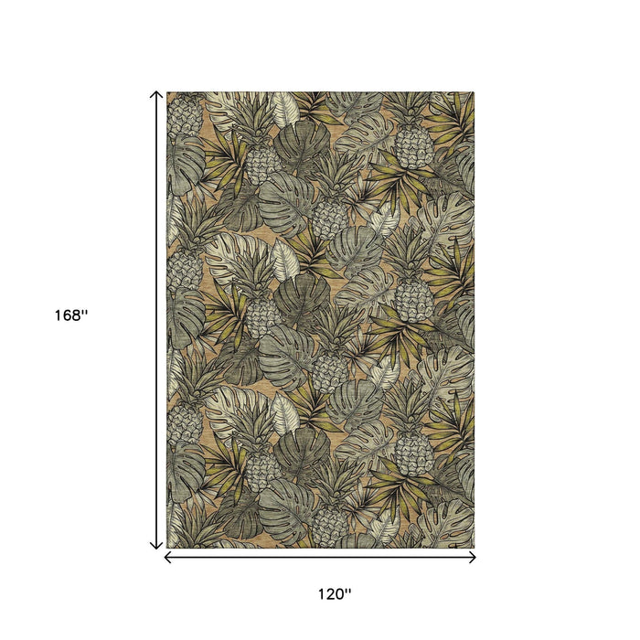 10' X 14' Tropical Botanical Distressed Washable Area Rug With UV Protection (646373) - Khaki / Gray / Yellow