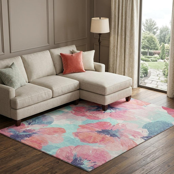 10' X 14' Floral Washable Area Rug With UV Protection (694394) - Pink / Blue / Ivory