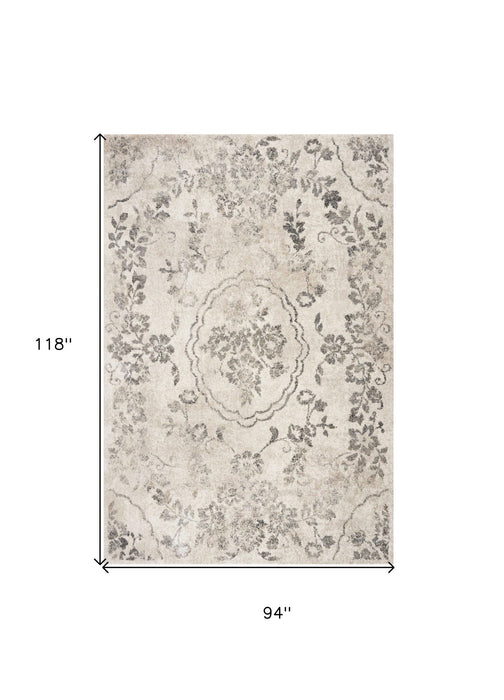 8' x 10' Machine Woven Distressed Floral Traditional Indoor Area Rug - Gray