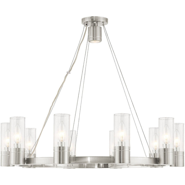 HomeRoots ten-light metal chandelier with clear shades and nickel finish, featuring a modern design and dimmable lighting.