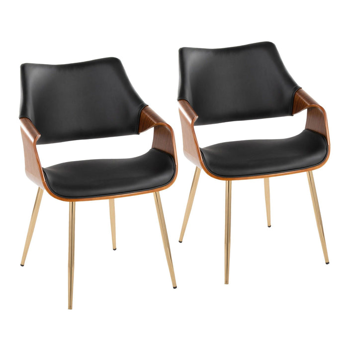 Curvo - High Back Chair (Set of 2) - Gold Metal, Walnut Wood, Black Faux Leather