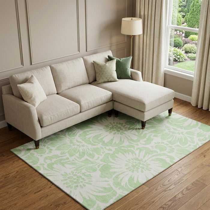 8' X 10' Floral Washable Area Rug With UV Protection (648662) - Mint Green / Ivory