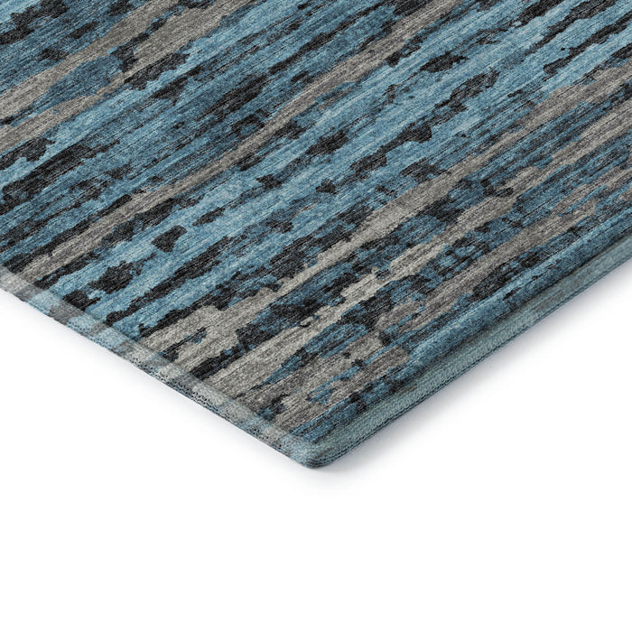 8' Striped Washable Round Rug With UV Protection - Persian Blue And Charcoal