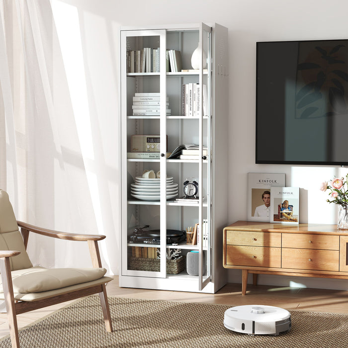 White industrial metal kitchen pantry cabinet with adjustable shelves, Giga display cabinet for storage and organization.