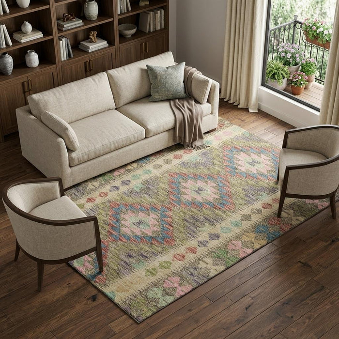10' X 14' Geometric Washable Area Rug With UV Protection (691836) - Green / Pink / Blue