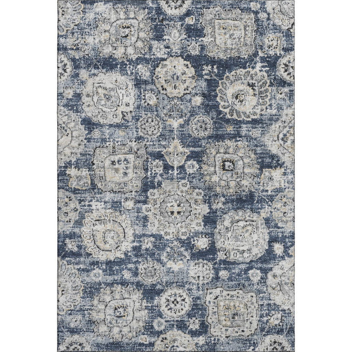10' X 14' Floral Washable Area Rug With UV Protection (653218) - Navy Blue / Ivory