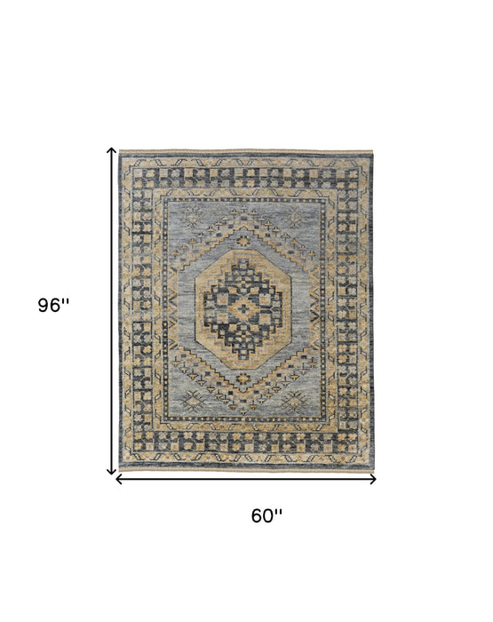 5' x 8' Wool Oriental Hand Knotted Area Rug With Fringe - Blue Gray And Tan