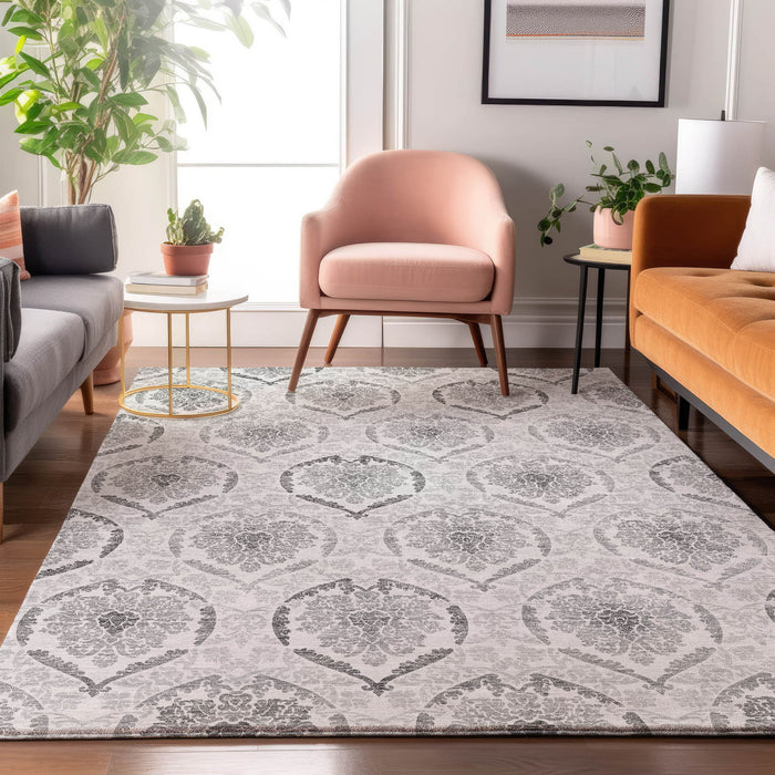 8' X 10' Medallion Washable Area Rug With UV Protection - Silver And Gray