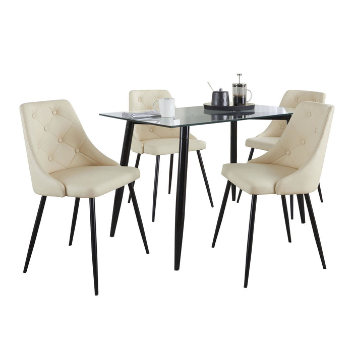 Clara - Giovani 5 Piece Dining Set - Black Metal, Clear Glass, Cream Faux Leather