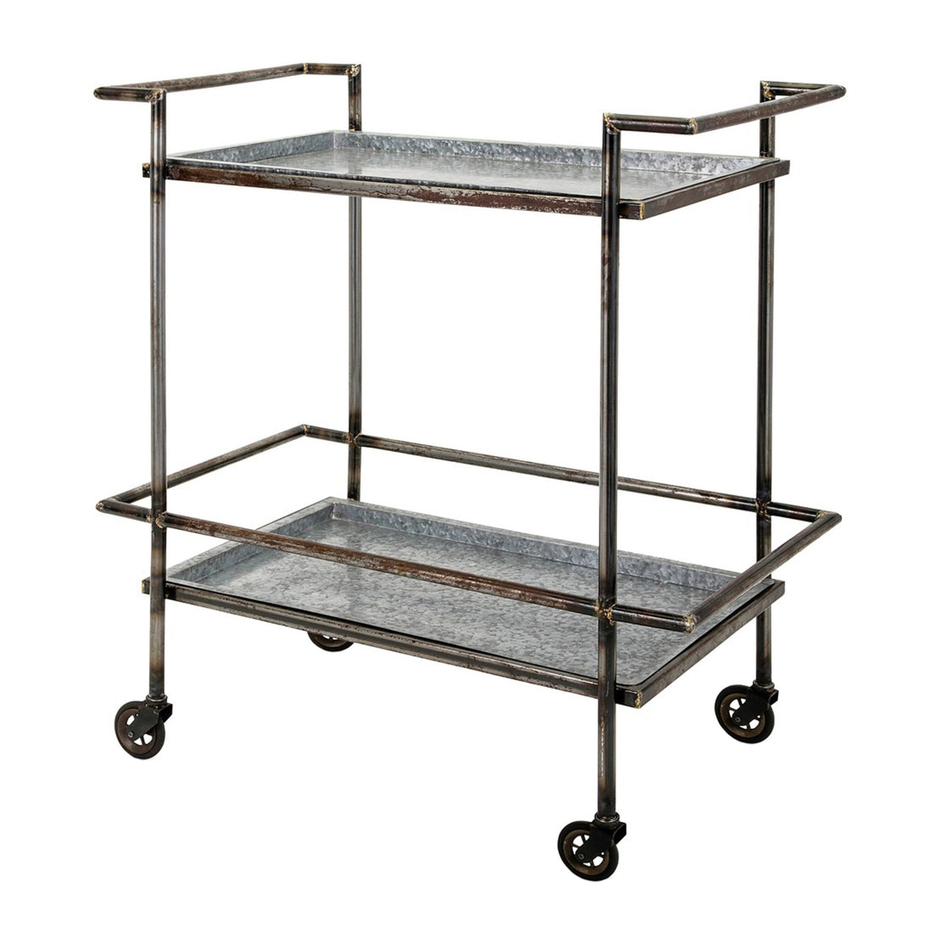 Giga Percy galvanized gray metal bar cart with two tiers and wheels, ideal for serving drinks and entertaining.