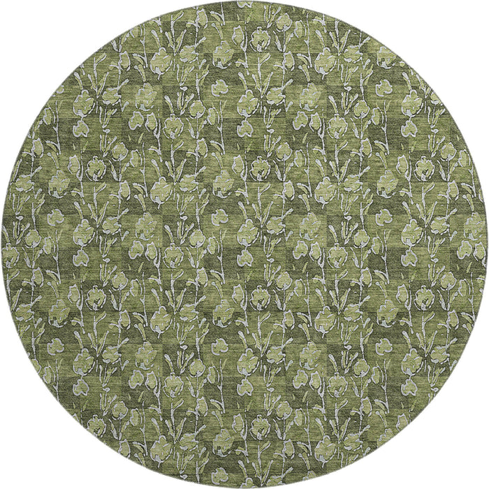 8' Floral Washable Round Rug With UV Protection (656457) - Olive Green / Ivory