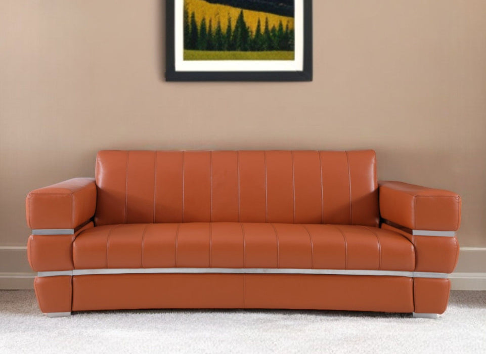 Italian Leather Sofa With Silver Legs - Brown