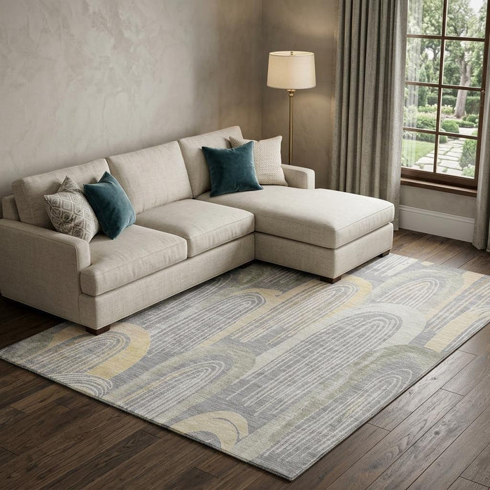 10' X 14' Geometric Washable Area Rug With UV Protection (694604) - Gray / Gold / Silver