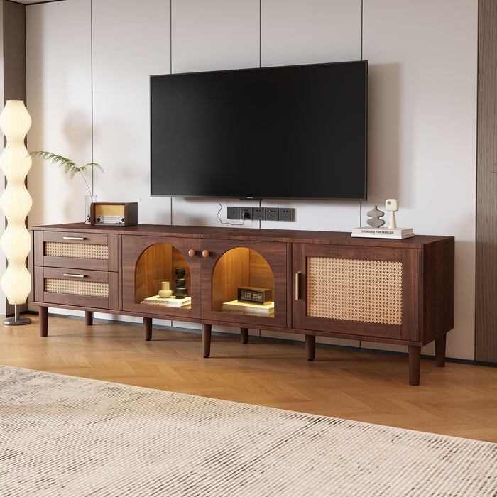 Dark brown Giga TV stand with 3 cabinets and 2 drawers, LED lighting media console for TVs up to 80 inches, modern design